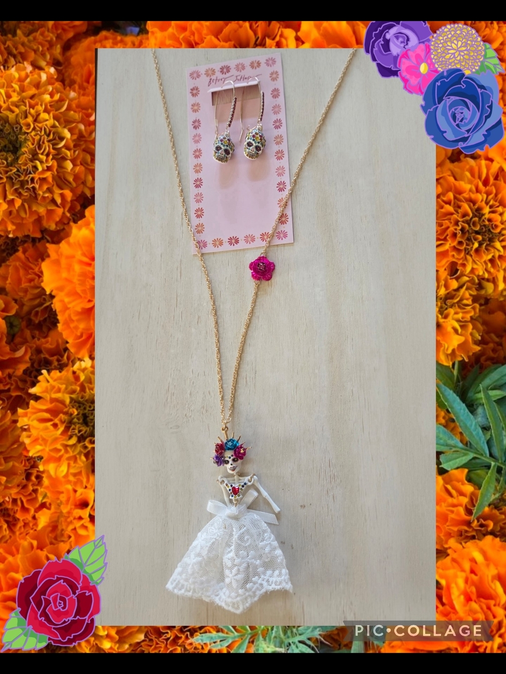NWT Betsey Johnson Día de los Muertos Bride Necklace & Sugar Skull Earring Set